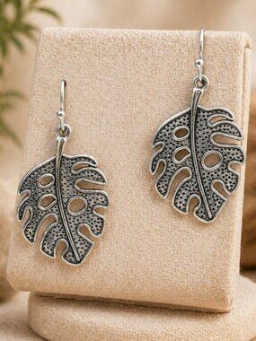 Antique Silver Monstera Leaf Drop Earrings
